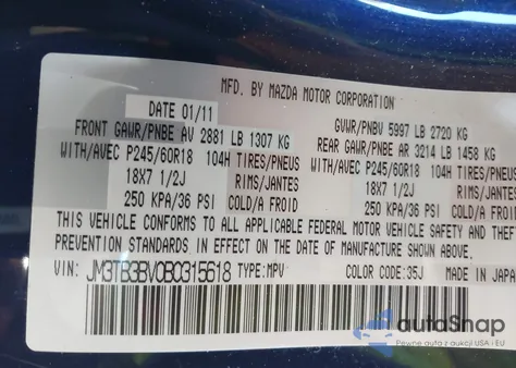 2011 Mazda Cx-9 Sport z USA, uszkodzony, nr VIN JM3TB3BV0B0315618